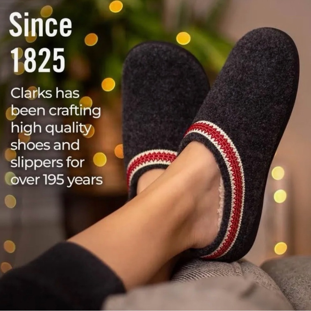 Clarks Women's Charcoal Felt Slip-On Slippers with Red and Cream Stripe